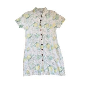 Vintage Kiko Linen Lemon Print Button Front Mini Dress Womens Small Yellow Cream